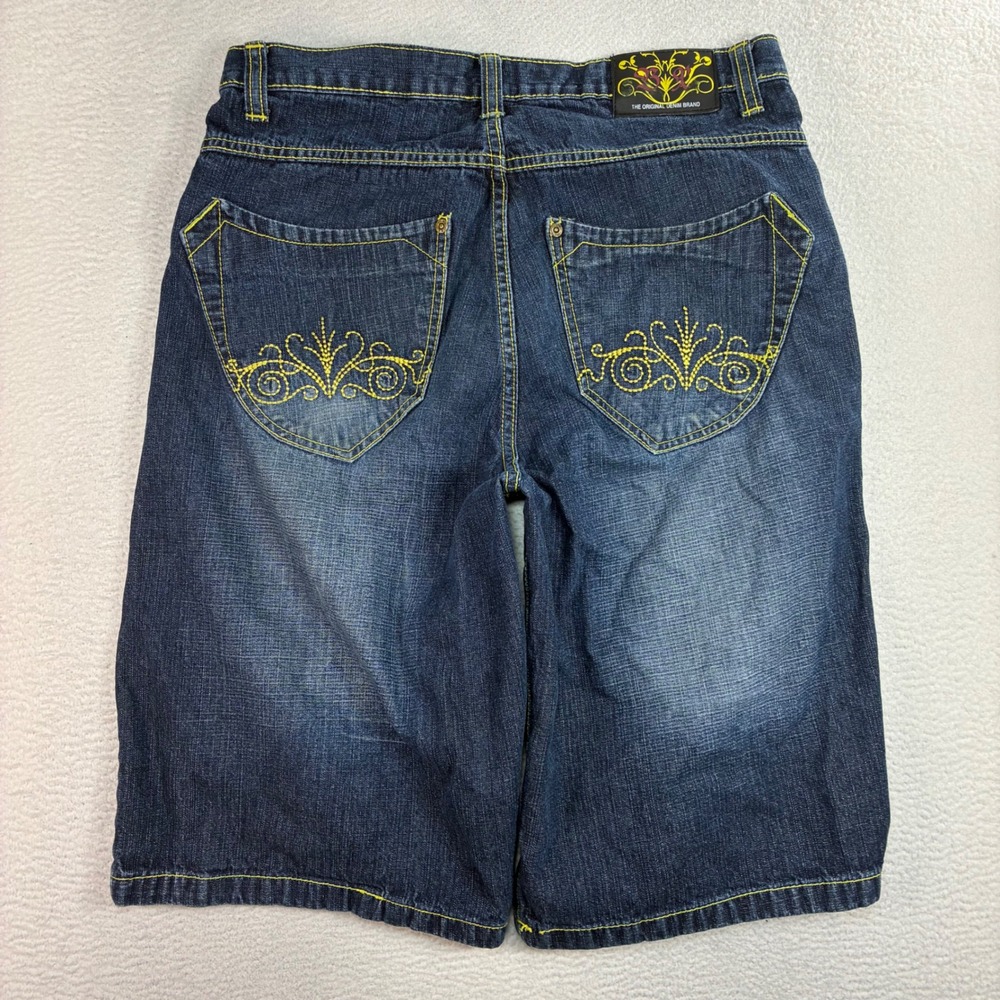 Y2K BX Baggy Jean Shorts Men 34x14 Blue Faded Embroidered Jorts Relaxed Skater
